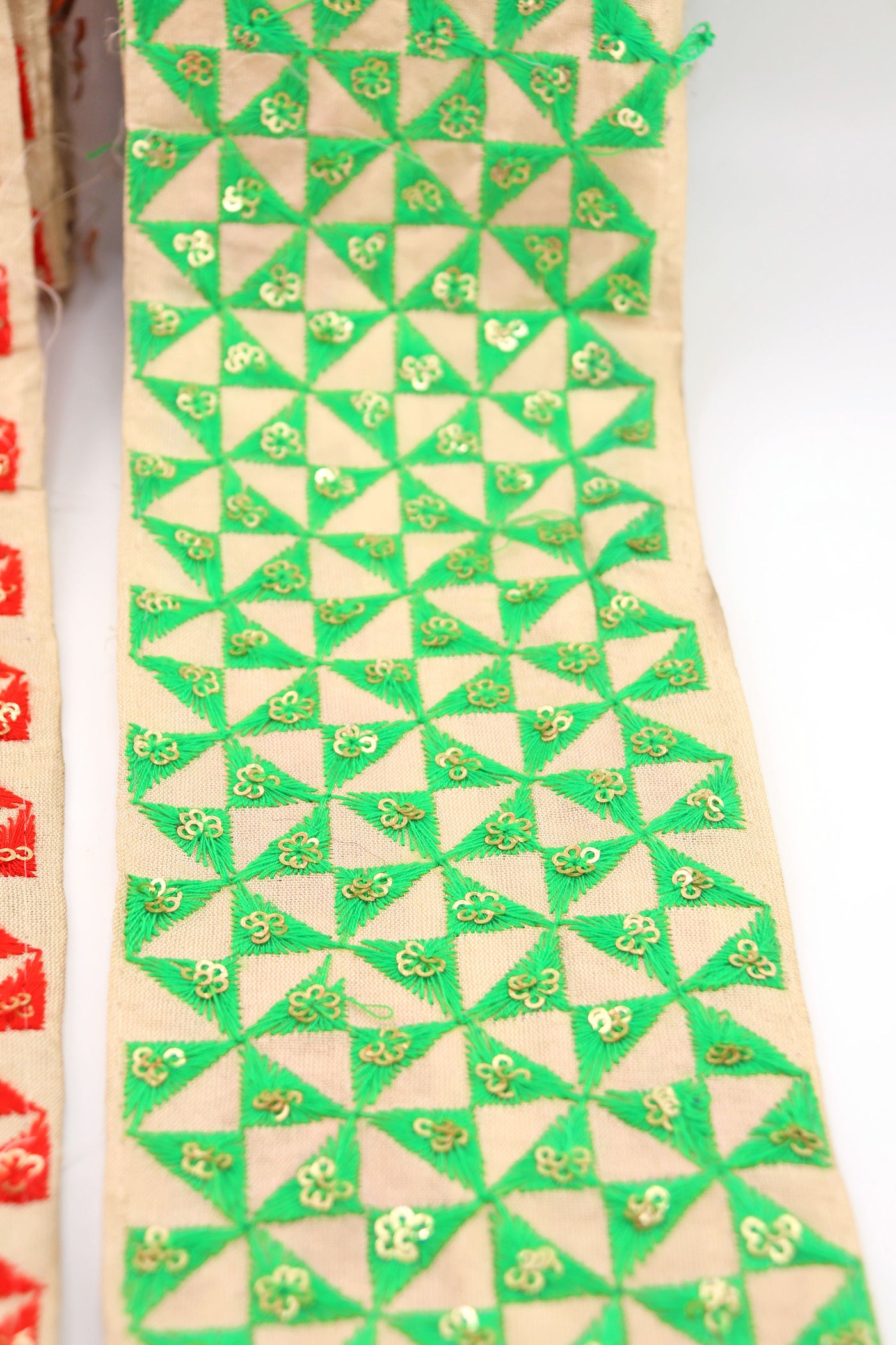 Red, Green Geometric Embroidered Silk Trim, Christmas Ribbon, from India, Christmas Decorating & DIY