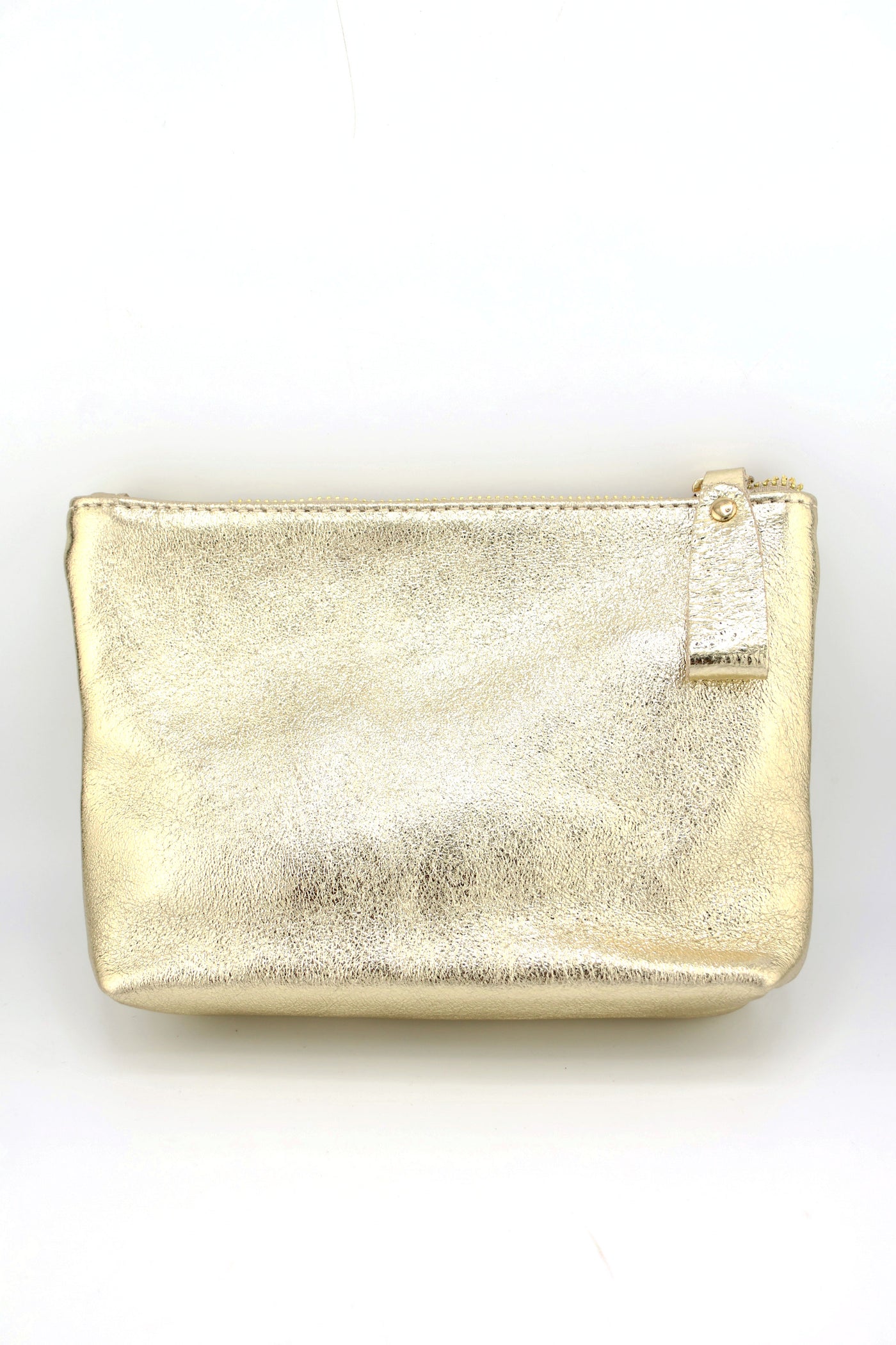 Gold Metallic Italian Leather Zipper Pouch, Purse, 8" Soft Real Leather Cosmetic Pouch