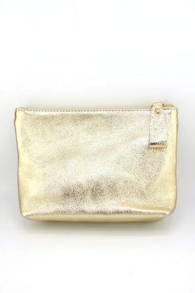 Gold Metallic Italian Leather Zipper Pouch, Purse, 8" Soft Real Leather Cosmetic Pouch