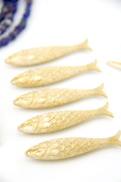 Golden Ivory Fish Beach Charm, German Resin Amulet, 48mm, 1 Pendant for making DIY surfer jewelry