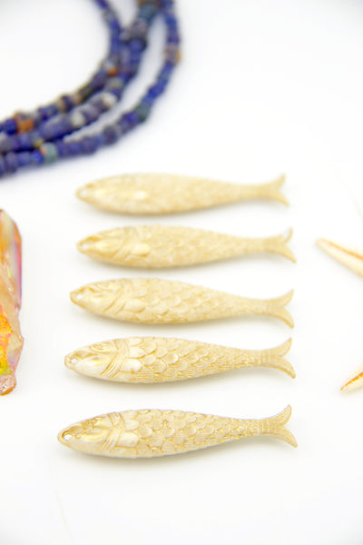 Golden Ivory Fish Beach Charm, German Resin Amulet, 48mm, 1 Pendant for making DIY surfer jewelry