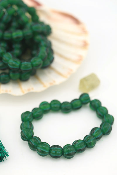 8mm Green Czech Glass Melon Beads with Green Wash, Large Hole Euro Beads Inspired by Forte Beads, Influencer Style Trendy Bracelet, Easy to DIY