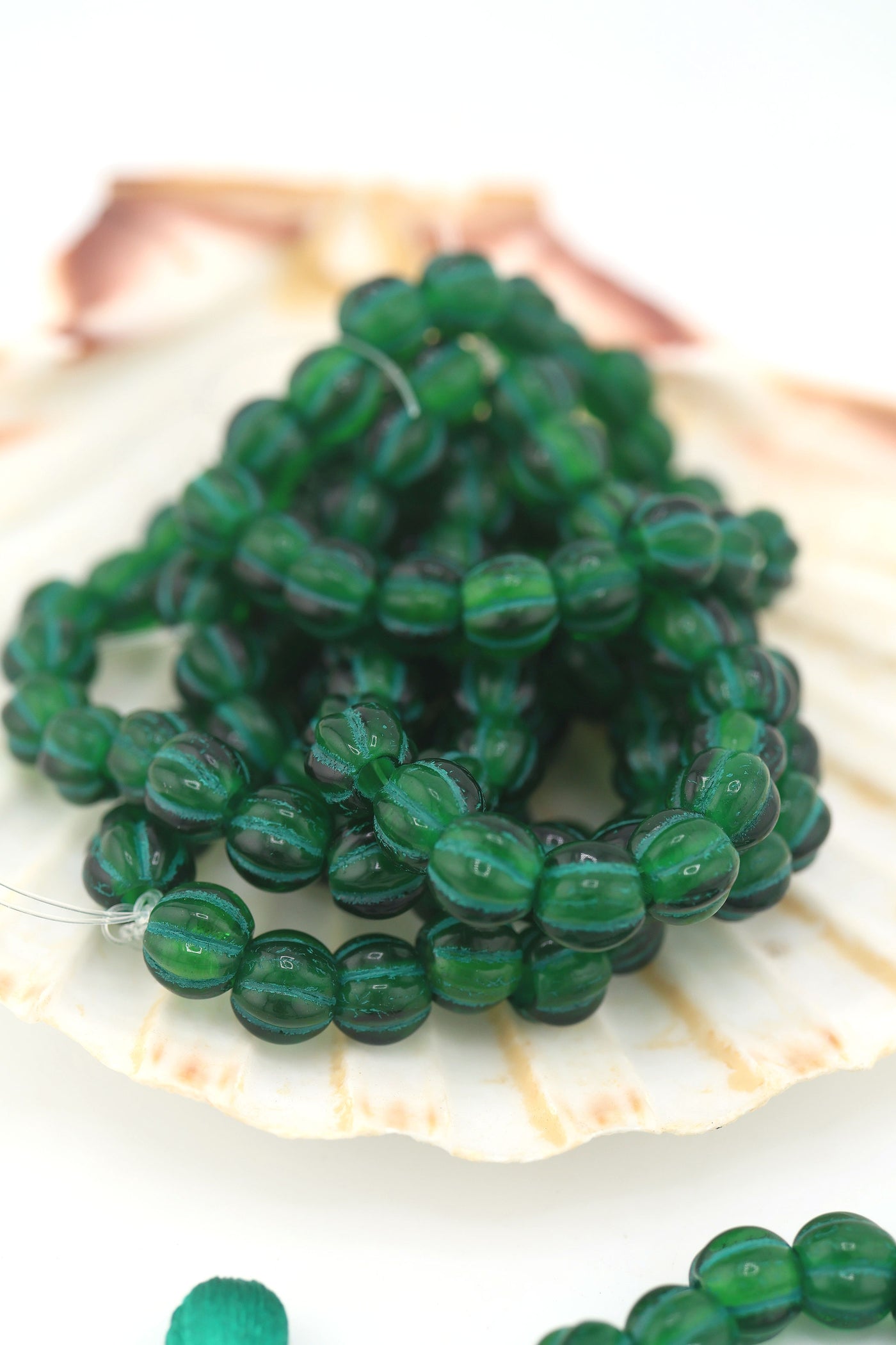 8mm Green Czech Glass Melon Beads with Green Wash, Large Hole Euro Beads Inspired by Forte Beads, Influencer Style Trendy Bracelet, Easy to DIY