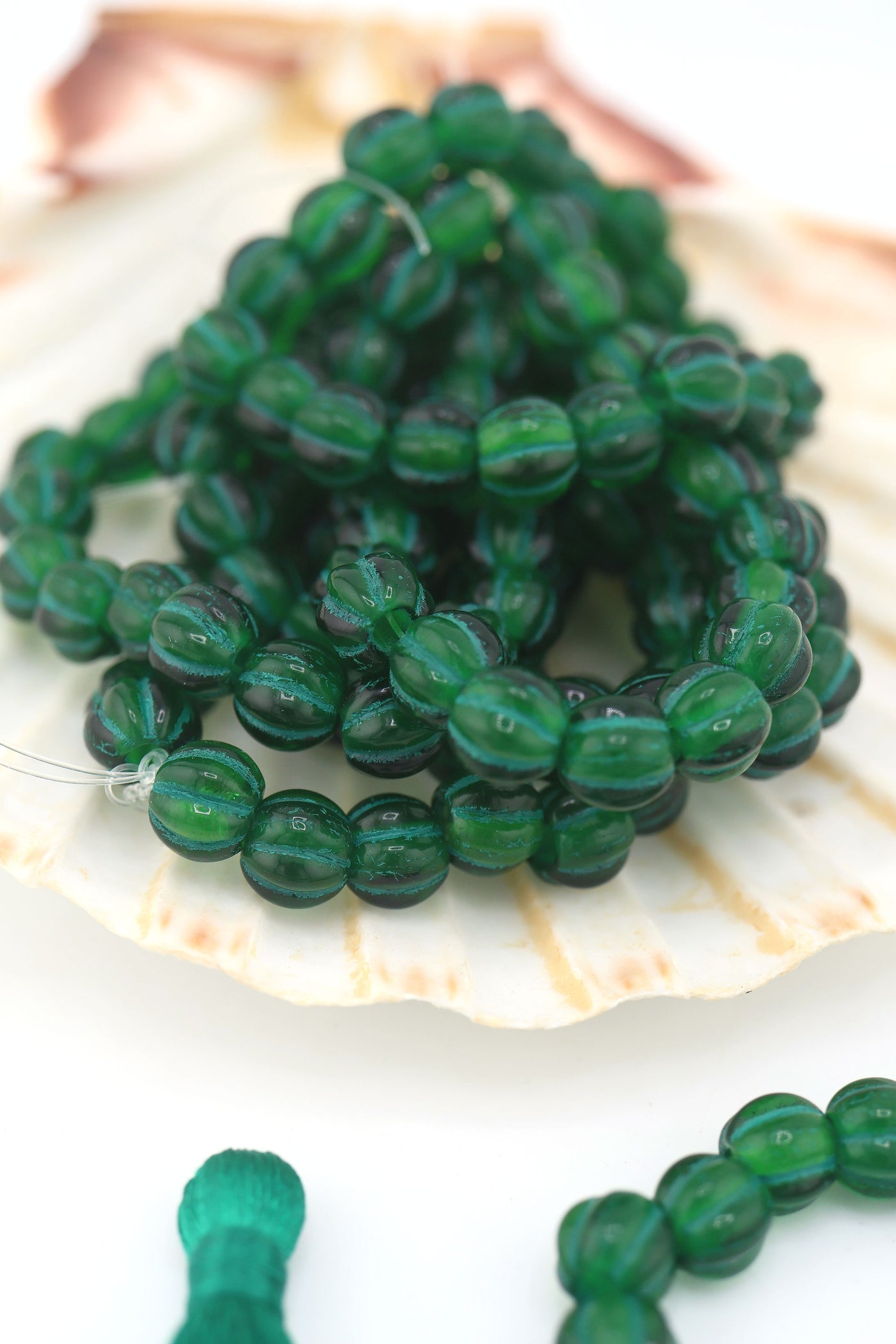 8mm Green Czech Glass Melon Beads with Green Wash, Large Hole Euro Beads Inspired by Forte Beads, Influencer Style Trendy Bracelet, Easy to DIY
