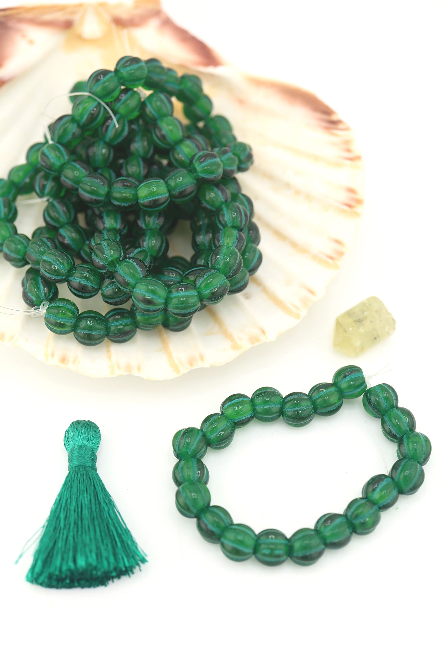 8mm Green Czech Glass Melon Beads with Green Wash, Large Hole Euro Beads Inspired by Forte Beads, Influencer Style Trendy Bracelet, Easy to DIY
