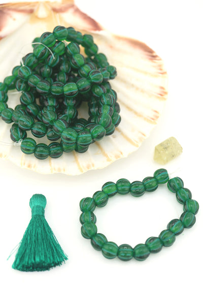 8mm Green Czech Glass Melon Beads with Green Wash, Large Hole Euro Beads Inspired by Forte Beads, Influencer Style Trendy Bracelet, Easy to DIY