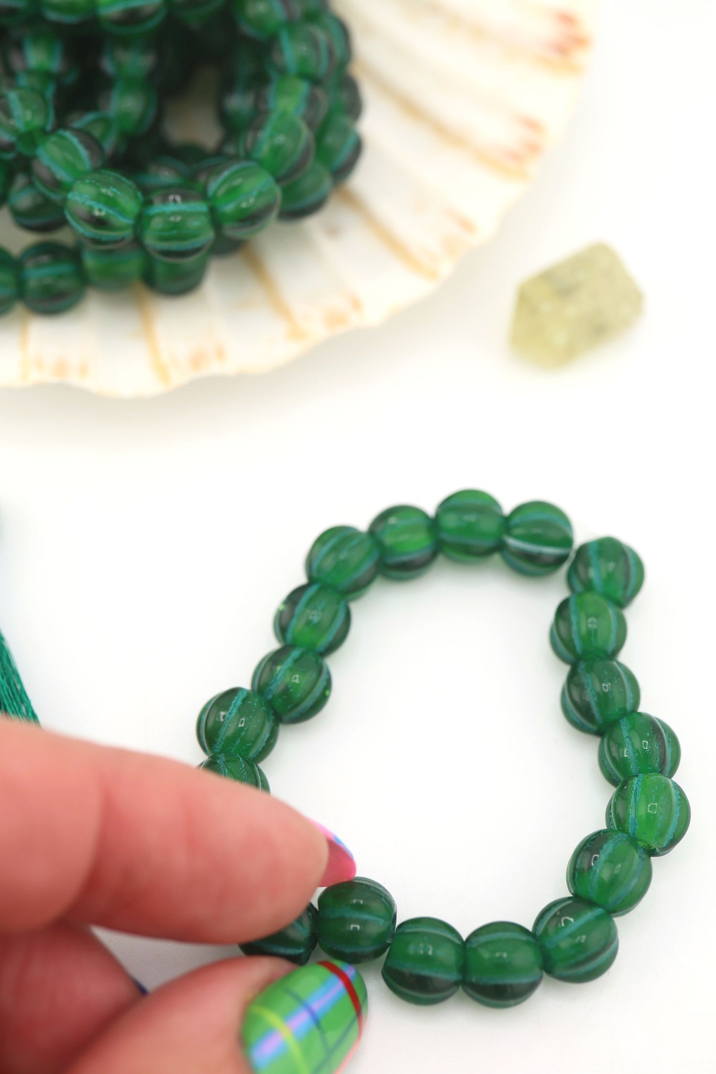 8mm Green Czech Glass Melon Beads with Green Wash, Large Hole Euro Beads Inspired by Forte Beads, Influencer Style Trendy Bracelet, Easy to DIY