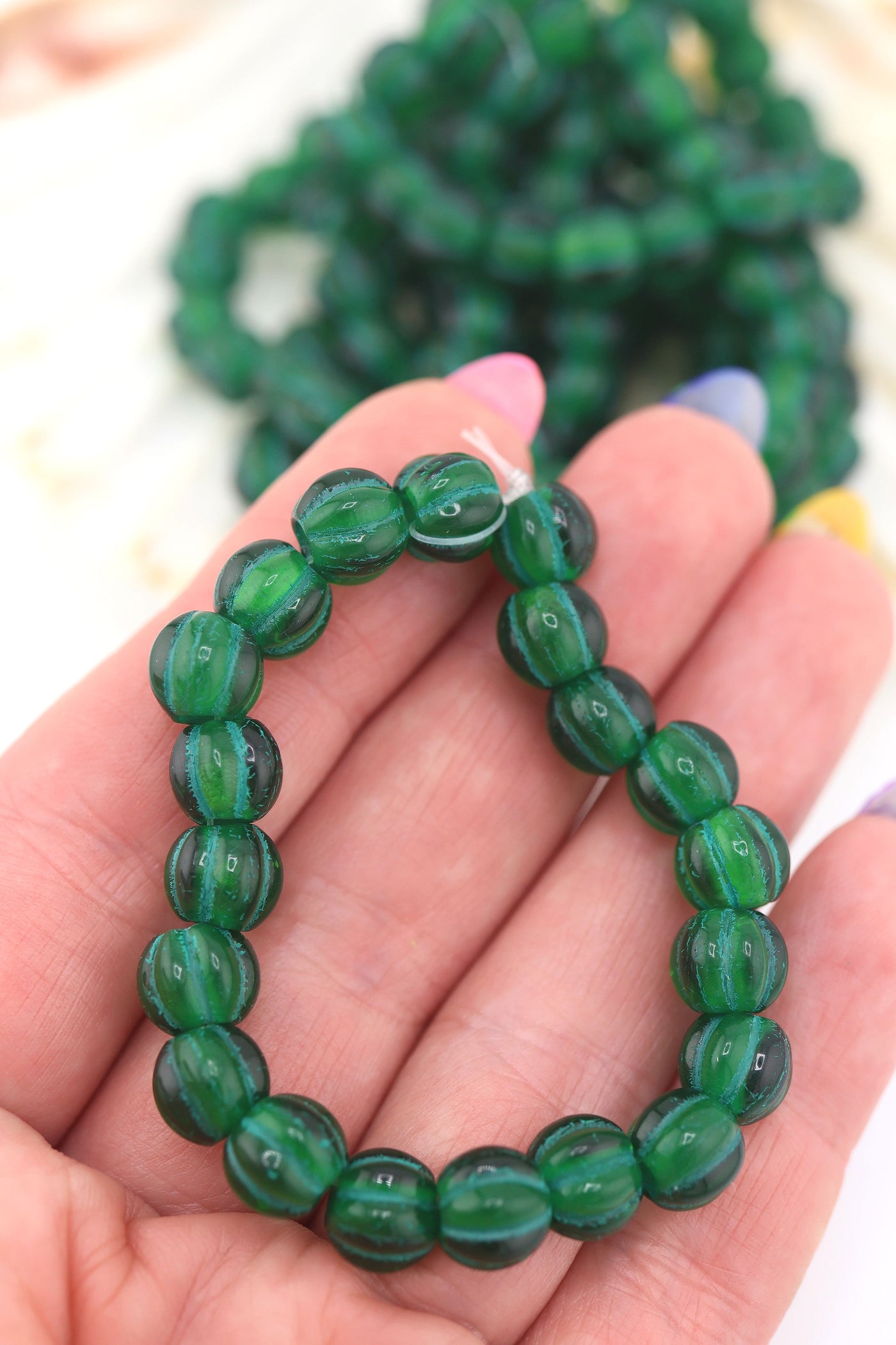 8mm Green Czech Glass Melon Beads with Green Wash, Large Hole Euro Beads Inspired by Forte Beads, Influencer Style Trendy Bracelet, Easy to DIY