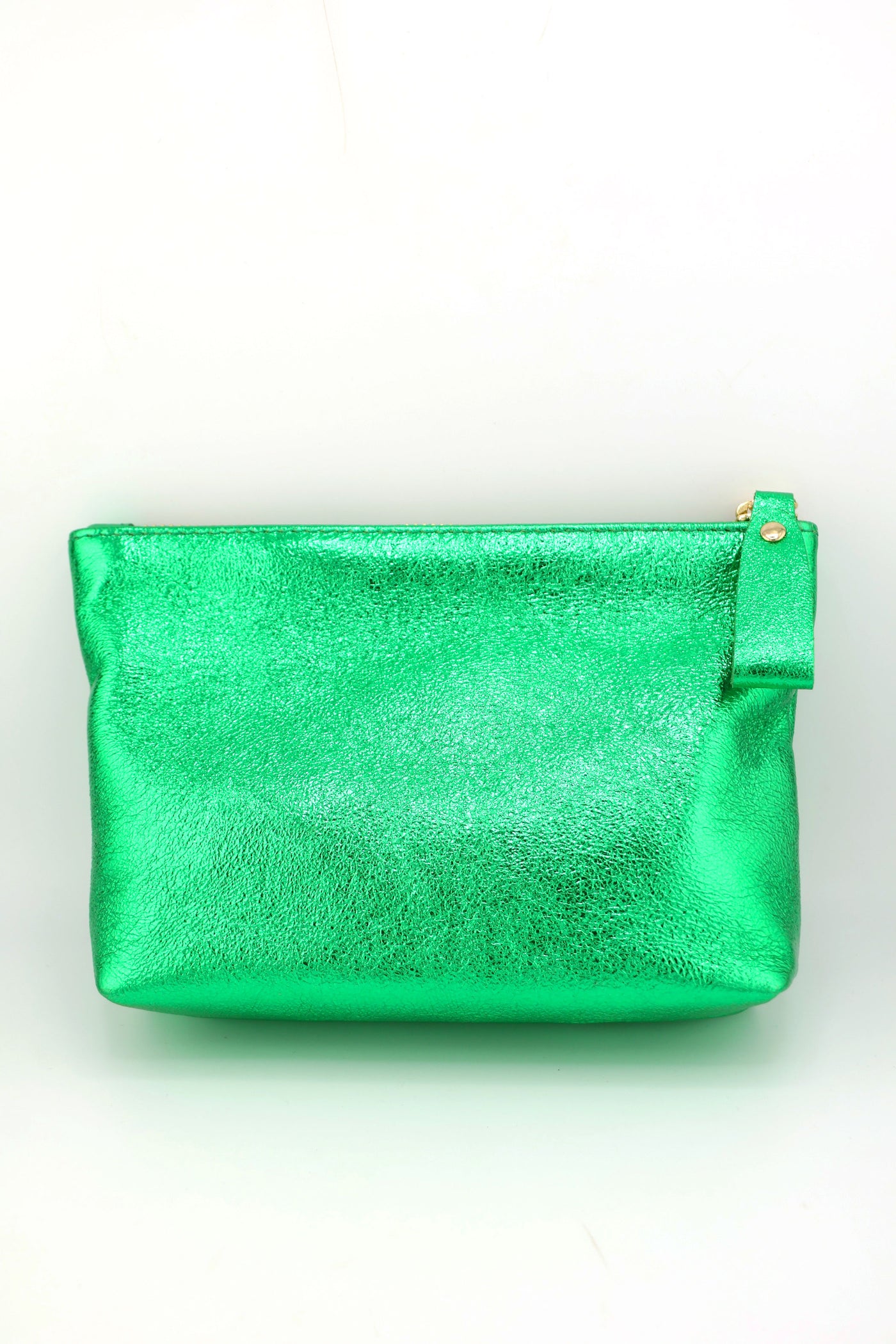 Green Metallic Italian Leather Zipper Pouch, Purse, 8" Soft Real Leather Cosmetic Pouch