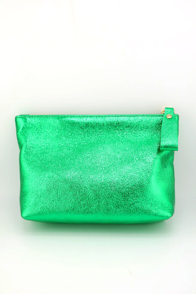 Green Metallic Italian Leather Zipper Pouch, Purse, 8" Soft Real Leather Cosmetic Pouch