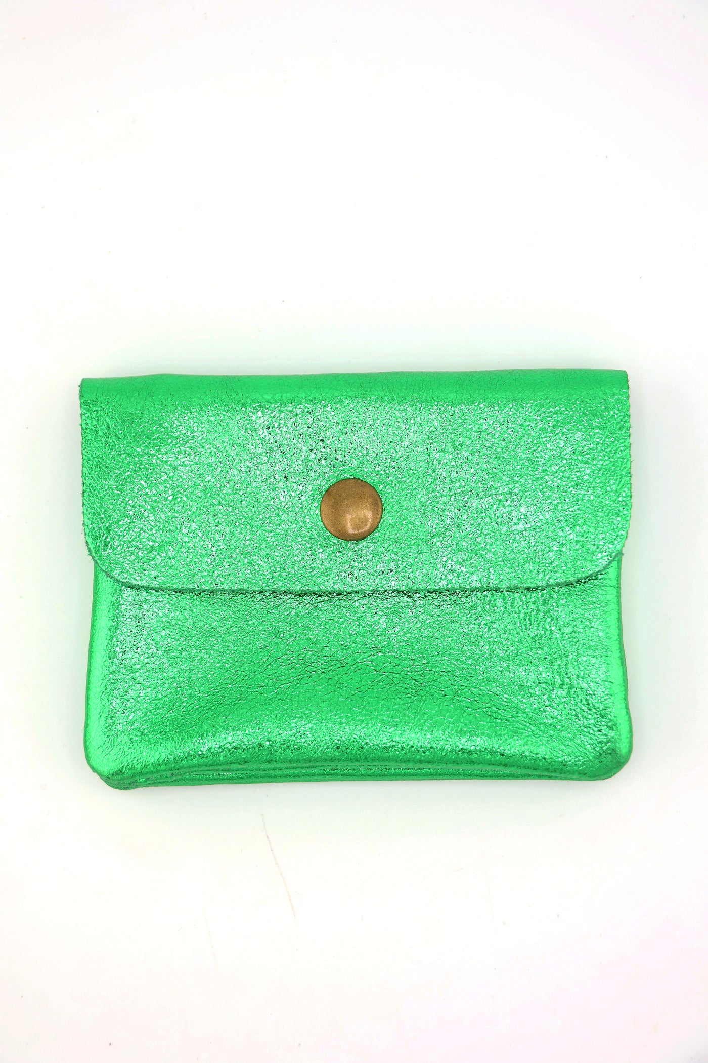 Green Metallic Italian Leather Coin Purse, 3 Compartments, Zipper Pocket. Real Italian Leather 