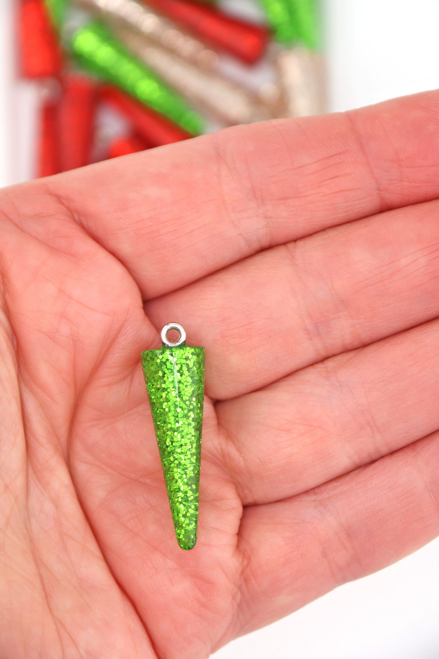 30mm Retro Christmas Glittery Cone Charms in Red, Green, Champagne