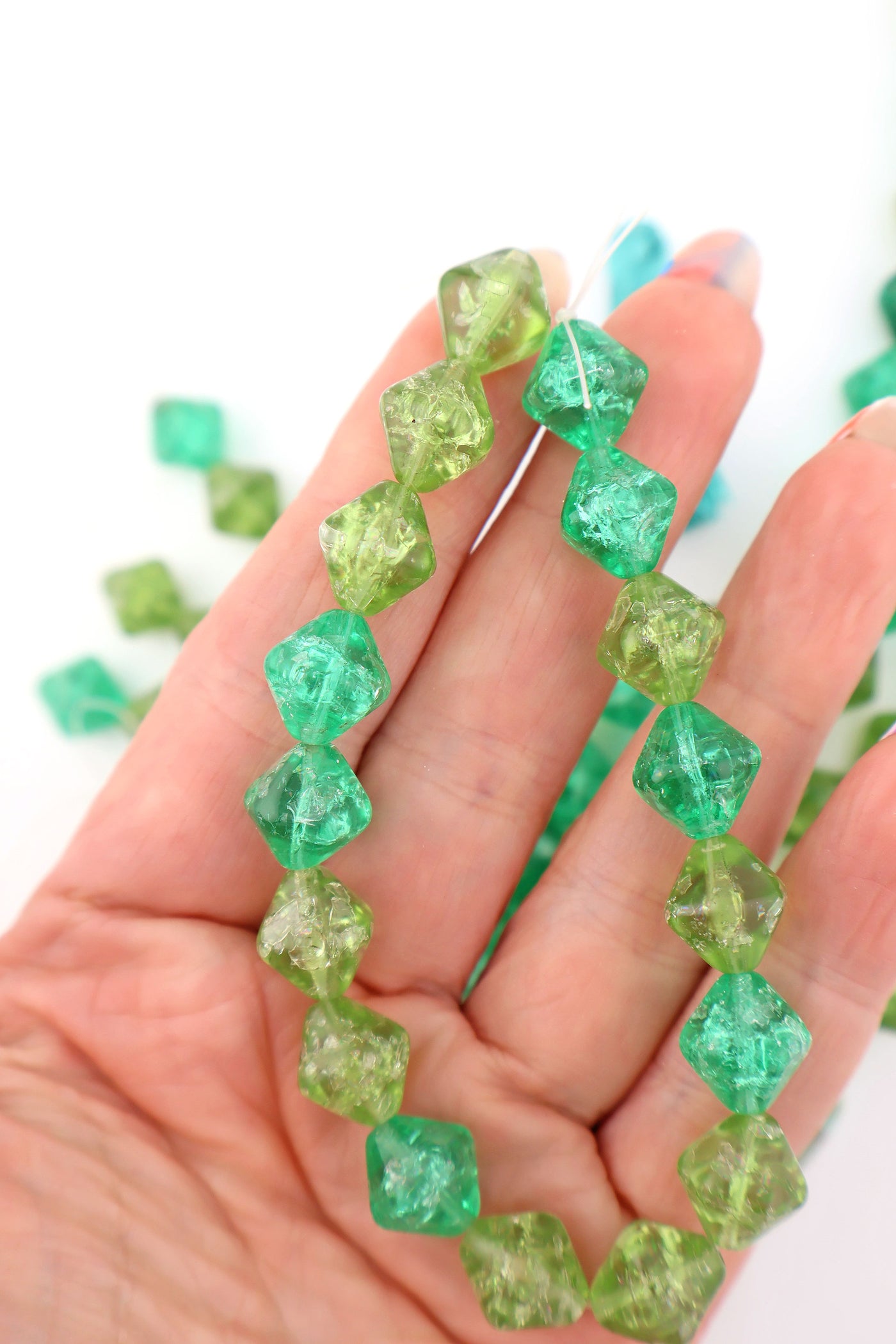 Mermaid Crackle Czech Glass Bicones, 12x12mm, 17 Beads for making ocean beach DIY jewelry