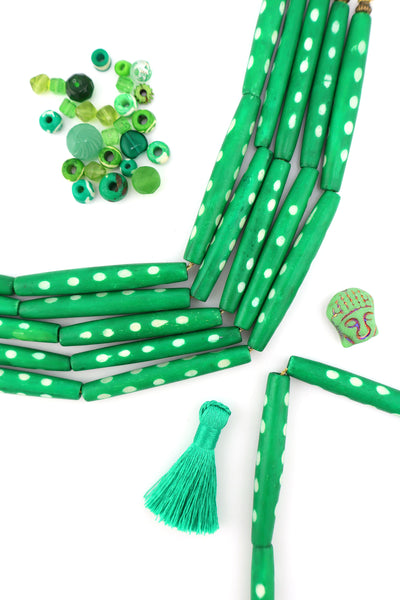 Green & White Polka Dot 2" HairPipe Carved Bone Beads, 4 beads