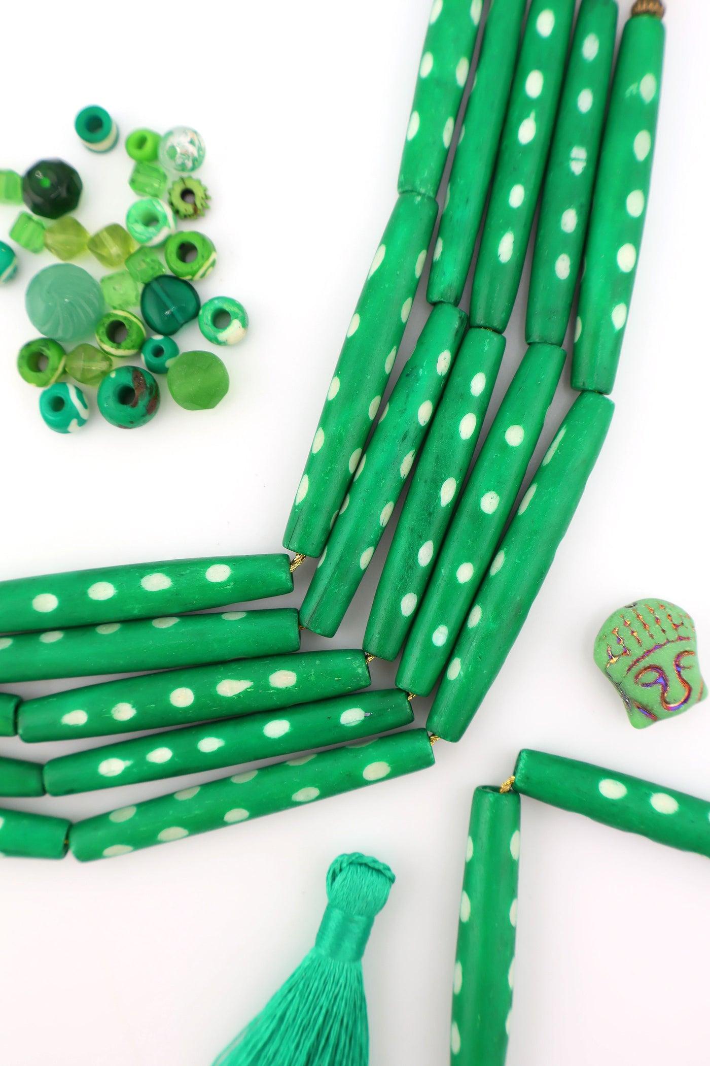 Green & White Polka Dot 2" HairPipe Carved Bone Beads, 4 beads