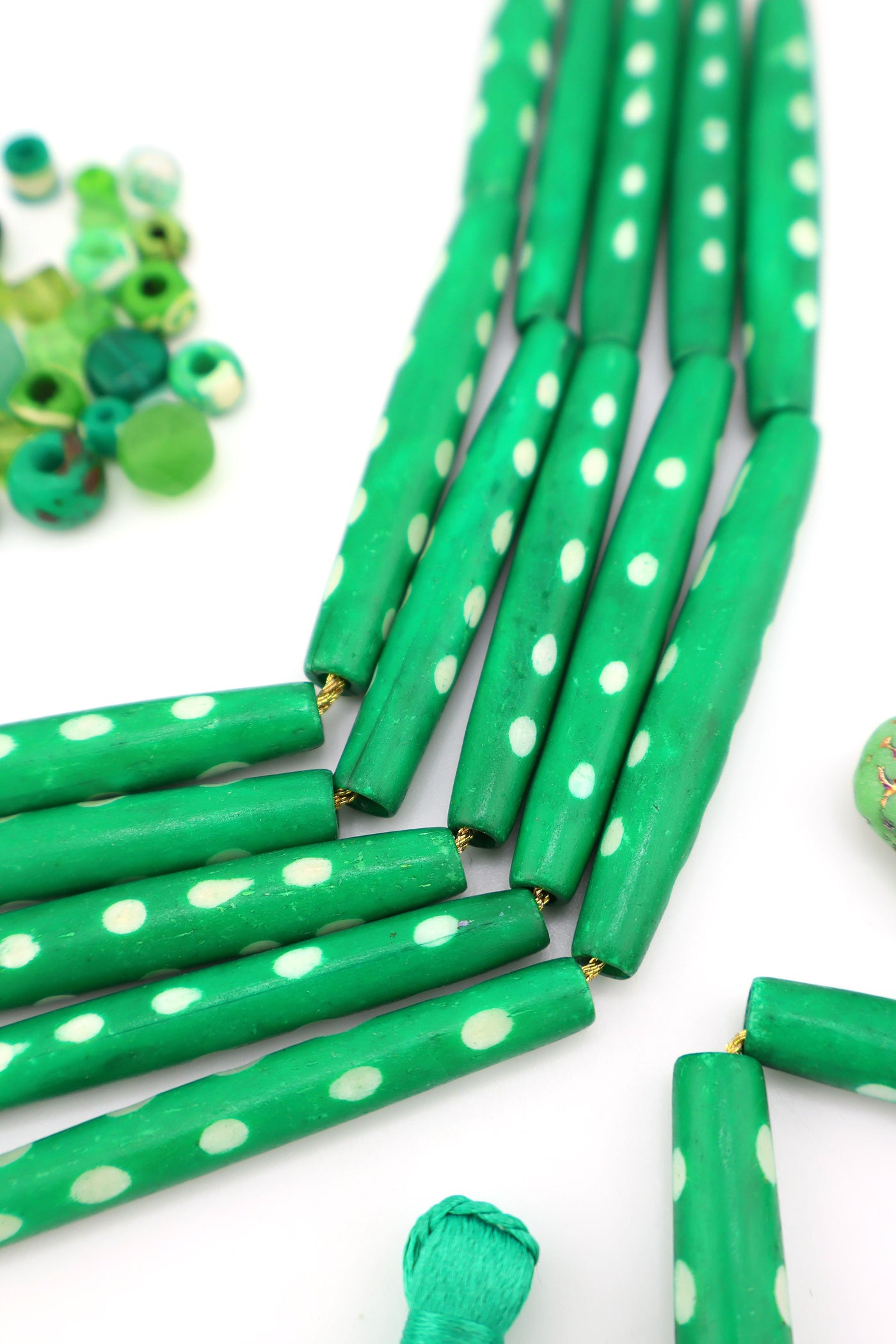 Green & White Polka Dot 2" HairPipe Carved Bone Beads, 4 beads