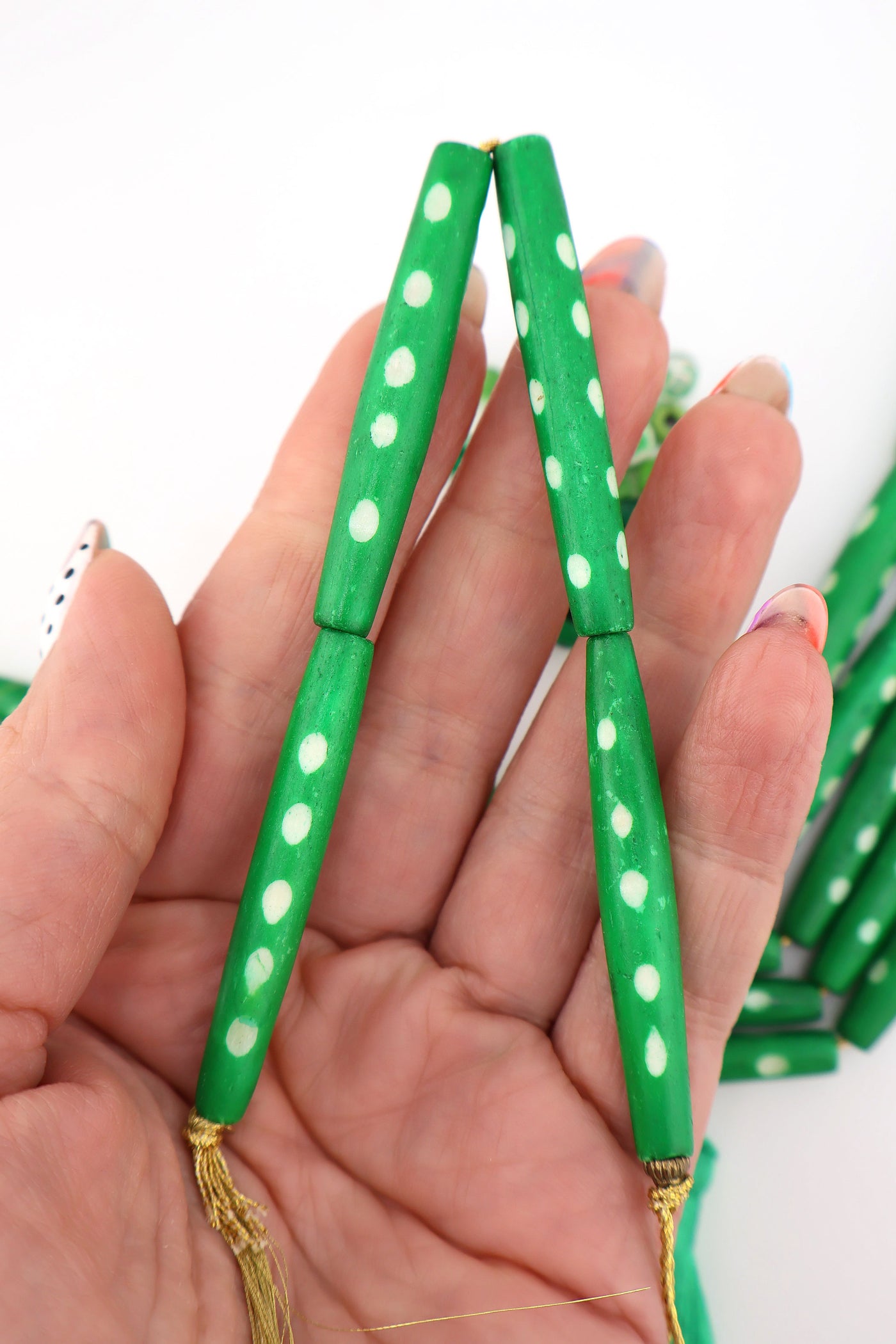 Green & White Polka Dot 2" HairPipe Carved Bone Beads, 4 beads