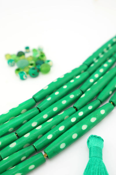 Green & White Polka Dot 2" HairPipe Carved Bone Beads, 4 beads