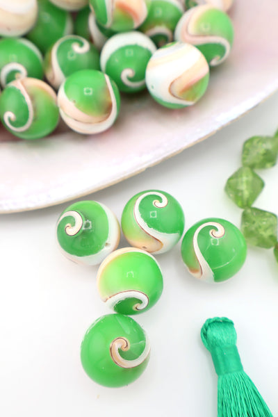 16mm Round Shiva Eye Shell Beads with Green Resin, 5 Beads for DIY Mermaidcore jewelry