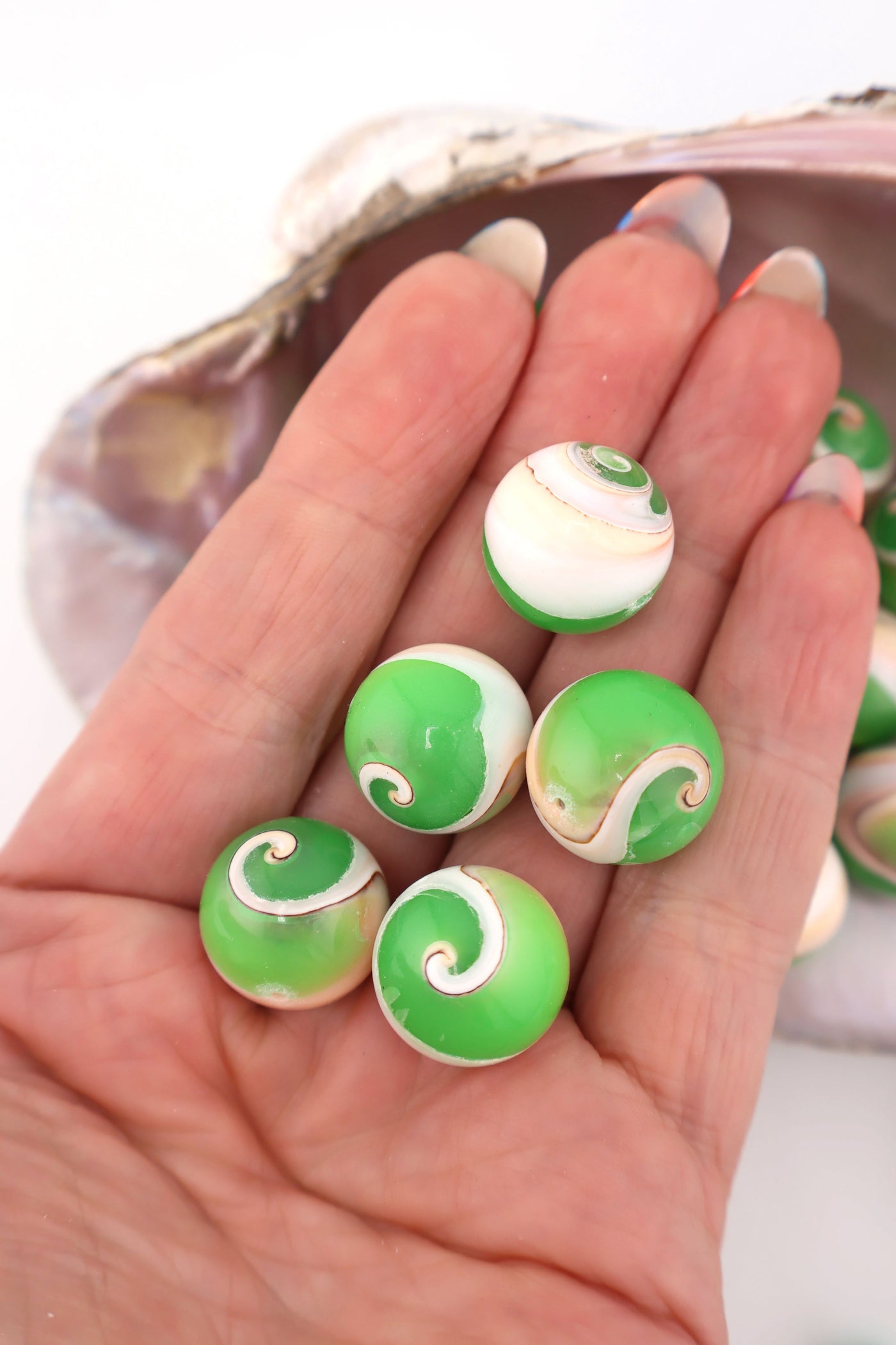 16mm Round Shiva Eye Shell Beads with Green Resin, 5 Beads for DIY Mermaidcore jewelry