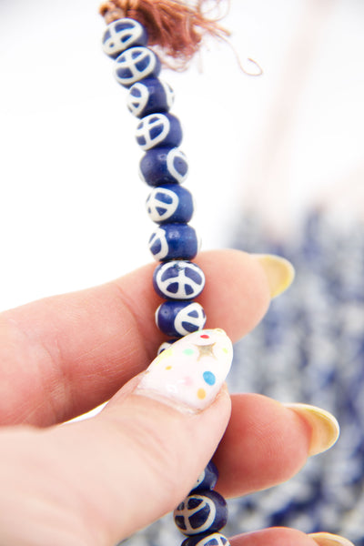 Blue White Peace Sign Rondelle Bone Beads: 9x6mm, 32 Pieces of beads for DIY hippie jewelry