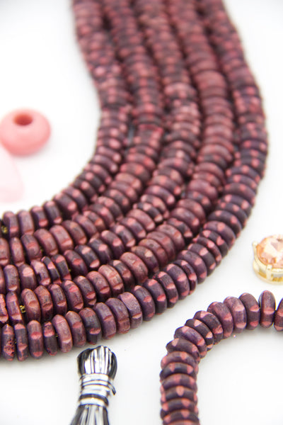 Pink & Brown Carved Tribal Disc Bone Beads: 9x4mm beads for DIY friendship bracelets