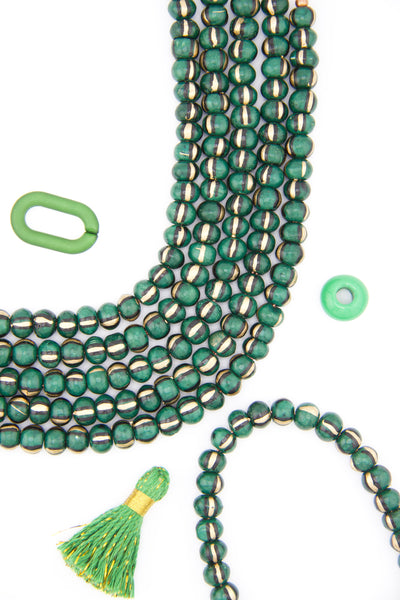 Green and Gold Watermelon beads, hand painted bone beads