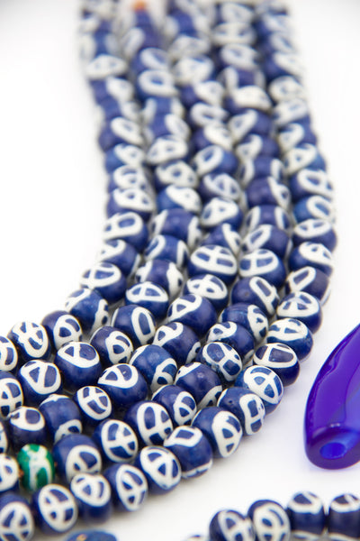 Blue White Peace Sign Rondelle Bone Beads: 9x6mm, 32 Pieces of beads for DIY boho beaded bracelets