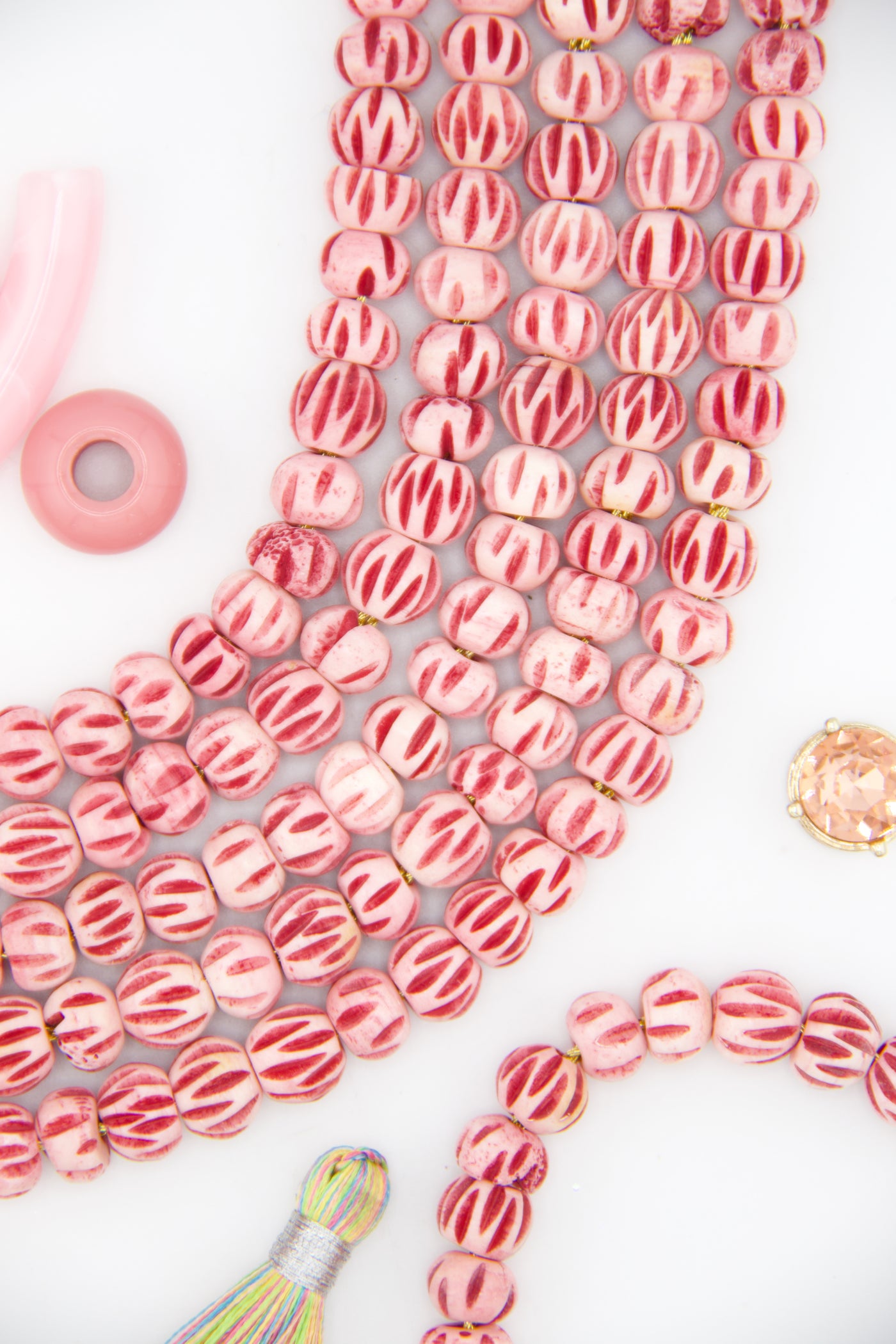 Pink Melon Carved Rondelle Bone Beads, 9mm, 34 pieces
