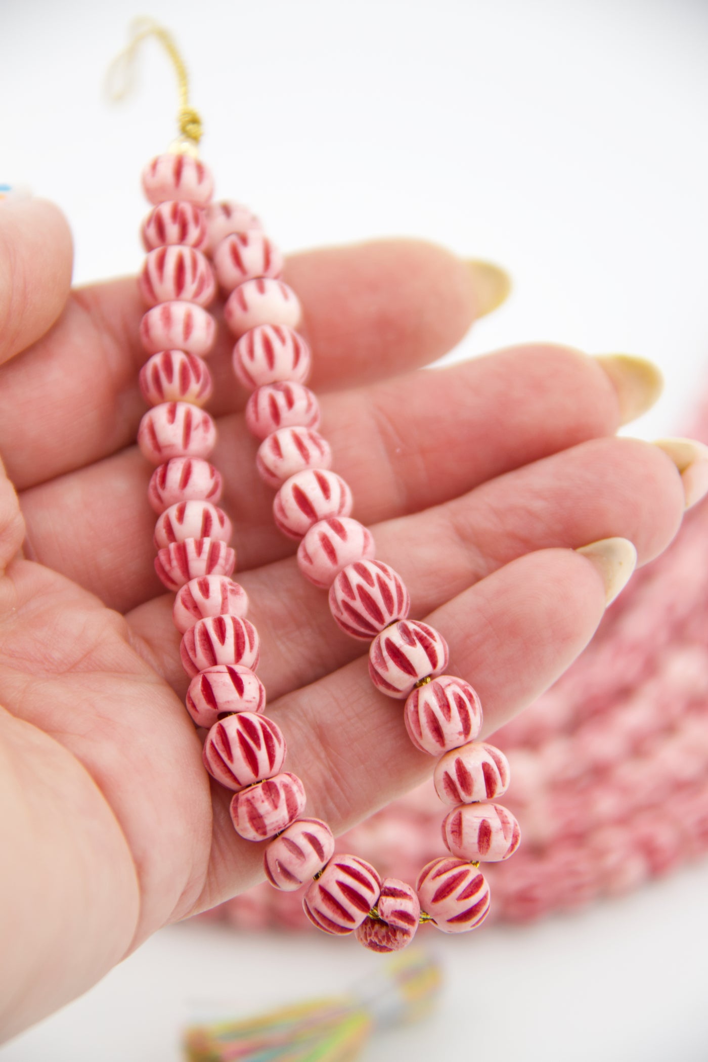 Pink Melon Carved Rondelle Bone Beads, 9mm, 34 pieces