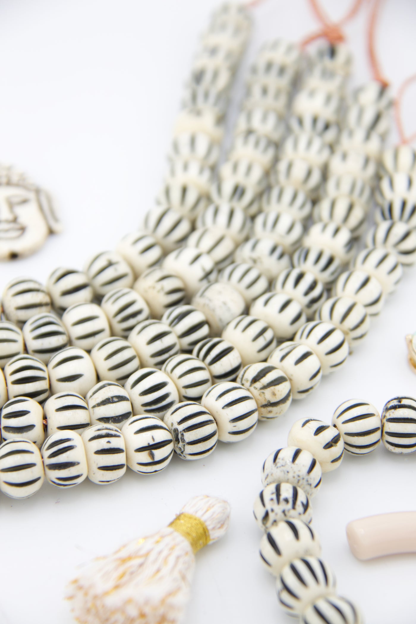 Cream & Black Striped Hand Carved Melon Bone Beads, 12mm for making DIY beaded jewelry