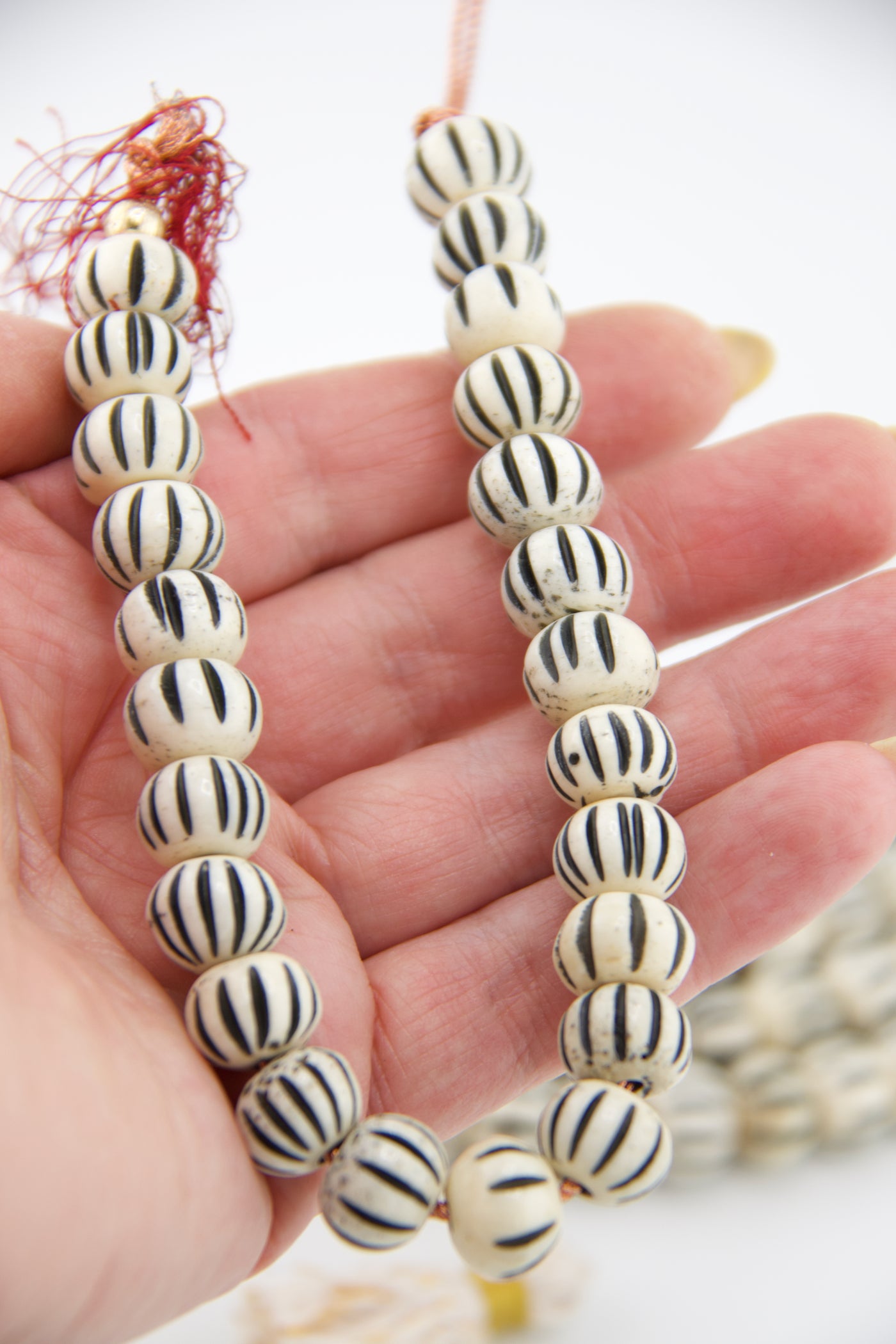 Cream & Black Striped Hand Carved Melon Bone Beads, 12mm for DIY beaded friendship bracelets