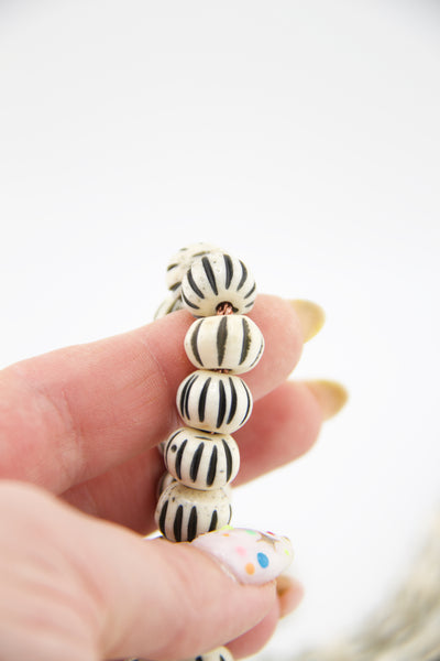 Cream & Black Striped Hand Carved Melon Bone Beads, 12mm