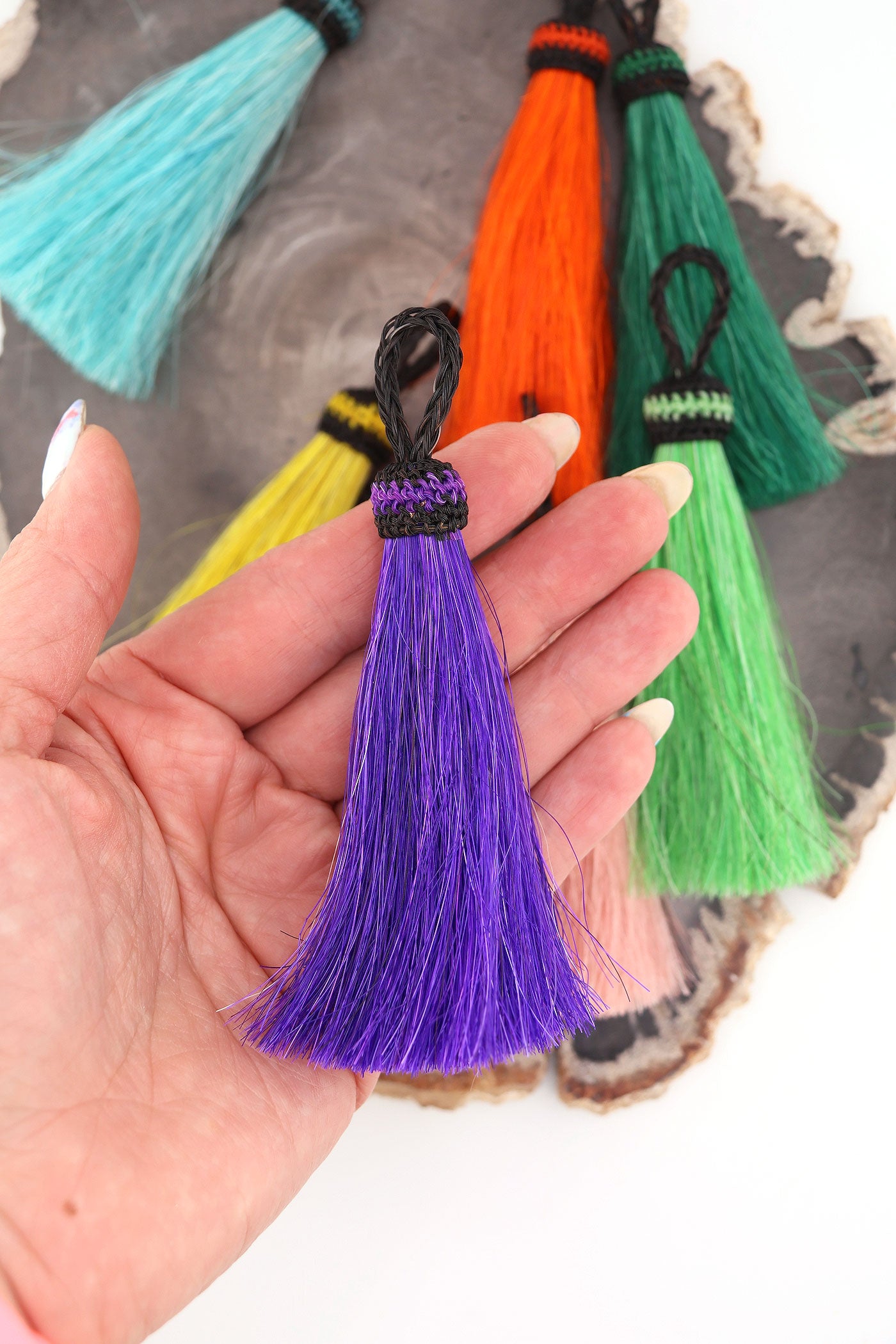 4.5" Dyed Horse Hair Tassels, Ethically Made, 1 piece for jewelry making, purse charms.