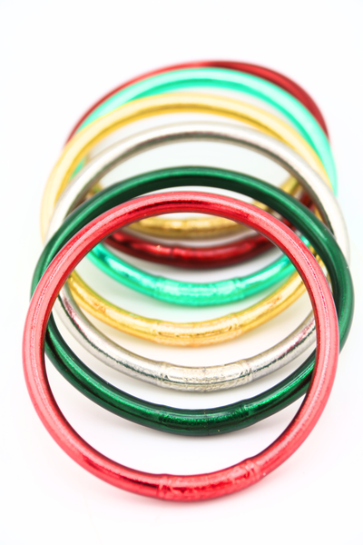 Yuletide Stack: 7 Thai Buddhist Temple Bracelets, Mantra Bangle Set