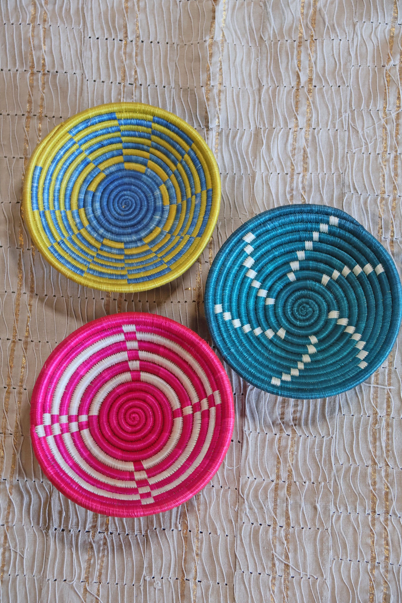 Isla African Basket Collection, Teal, Pink, Yellow & Blue, from Rwanda, Set of 3