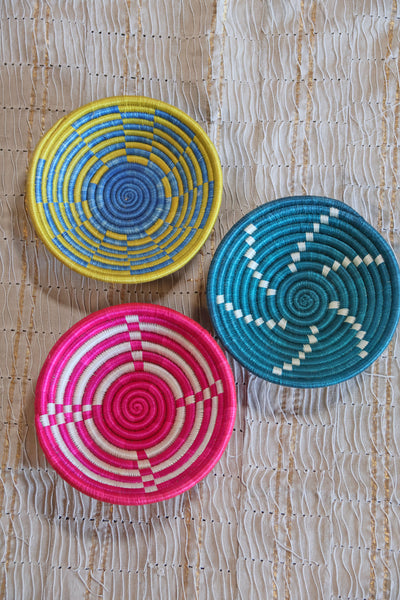 Isla African Basket Collection, Teal, Pink, Yellow & Blue, from Rwanda, Set of 3