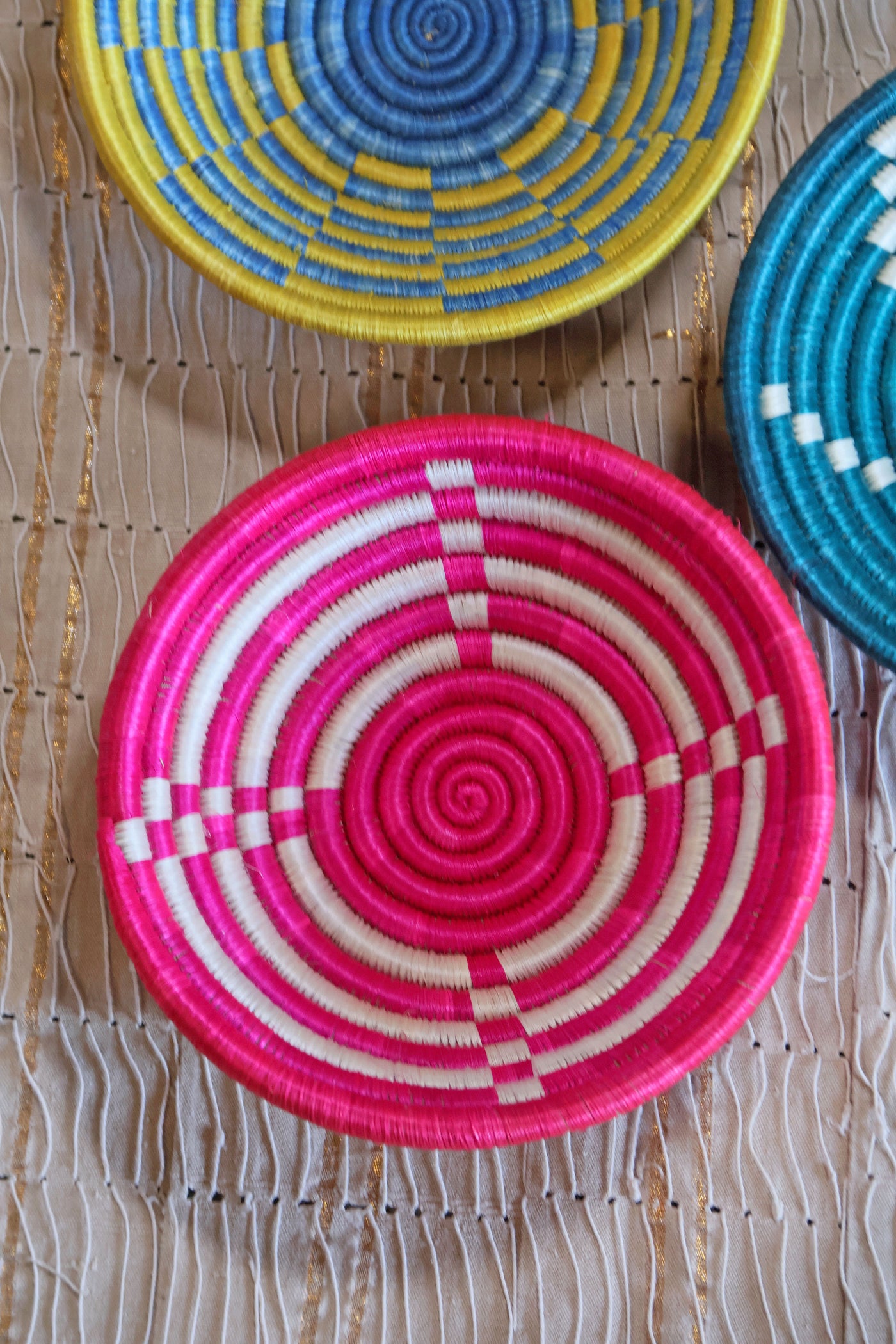 Isla African Basket Collection, Teal, Pink, Yellow & Blue, from Rwanda, Set of 3