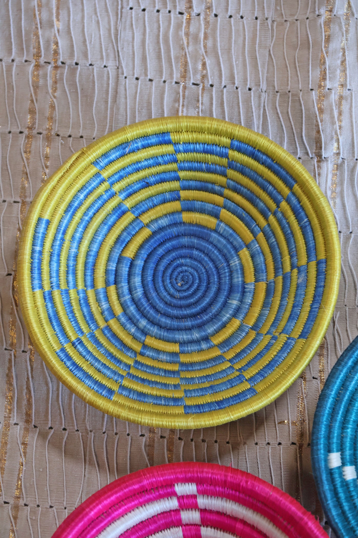 Isla African Basket Collection, Teal, Pink, Yellow & Blue, from Rwanda, Set of 3