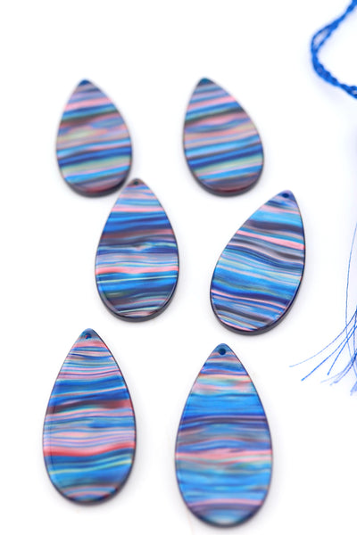 Blue Galaxy Waves Teardrop Laser Cut Italian Poly Resin Pendant 46mm, 1 Charm for making DIY jewelry and earrings
