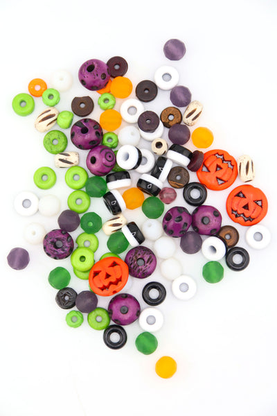 Jack-O-Lantern Bone & Glass Bead Grab Bag, Orange, Purple, B&W Such a fun and festive mix of beads, 