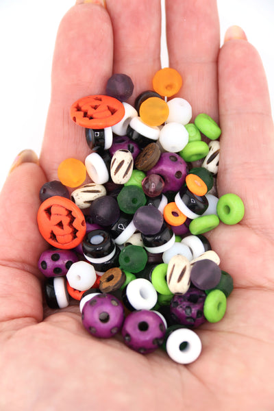 Jack-O-Lantern Bone & Glass Bead Grab Bag, Orange, Purple, B&W Such a fun and festive mix of beads, 