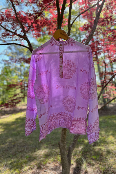 Lavender Om Shirt: Laid Back Boho, Wanderlust Style, Rayon Block Printed Hippie Shirt from India