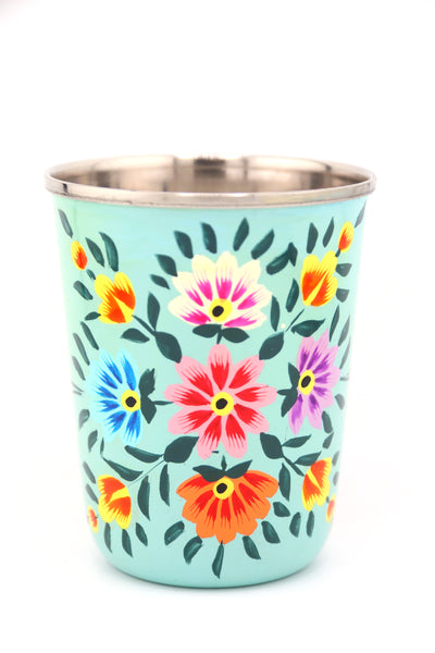 Sip in style with our picnic folk Small Enamel Tumbler, painted by hand by artisans in Kashmir