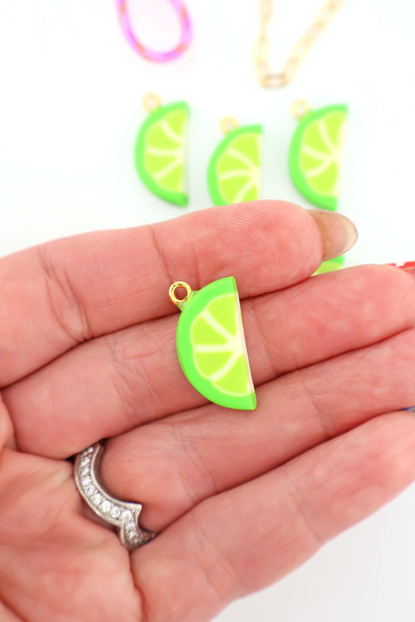 Lime Slice Charm, Artisan-Made Polymer Clay Pendant for making vacation inspired charm necklaces