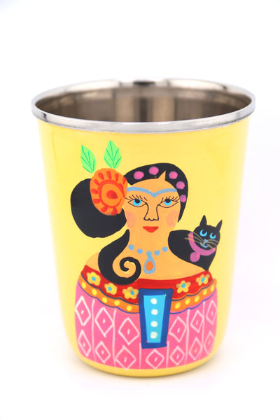 Sip in style with our picnic folk Small Enamel Tumbler, painted by hand by artisans in Kashmir