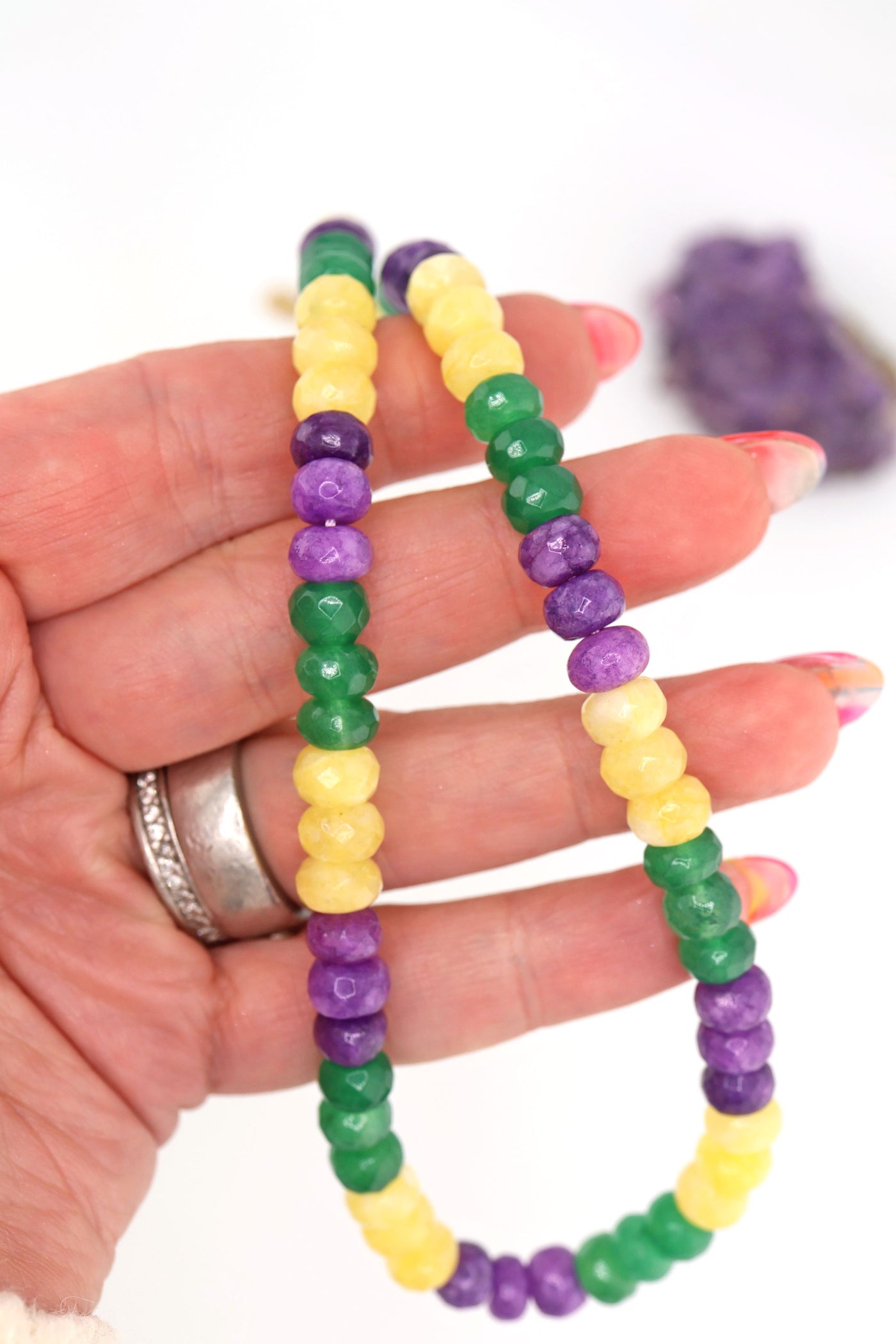 Mardi Gras Necklace: Faceted Yellow, Purple, Green, Gemstones, Adjustable, Dyed jade necklace 