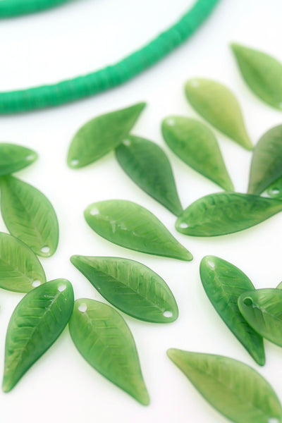 Matte Green Resin Leaves, German Resin Charms, 21x9mm, 5 Beads for making DIY plant jewelry