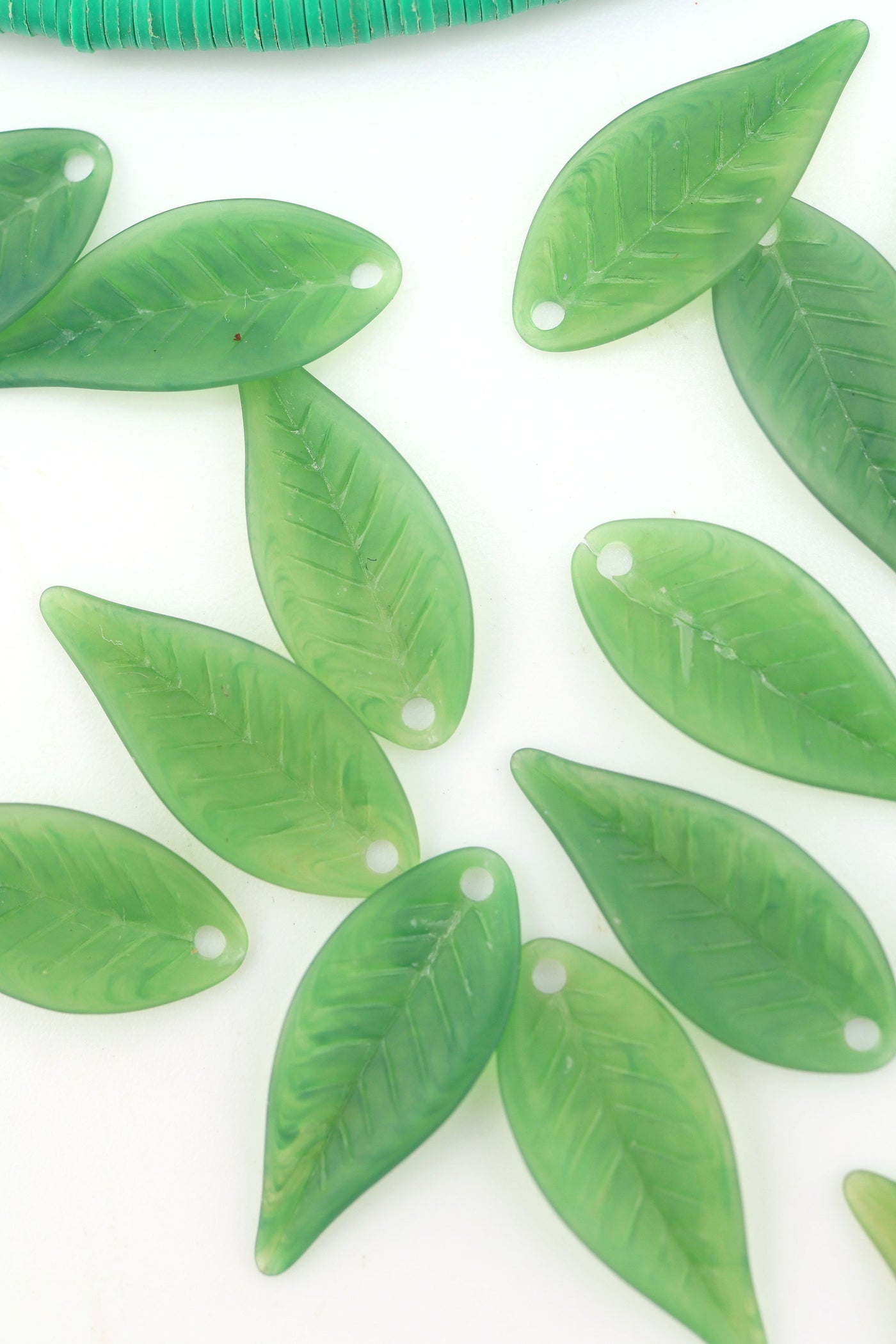 Matte Green Resin Leaves, German Resin Charms, 21x9mm, 5 Beads for making DIY plant jewelry