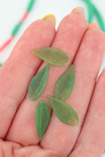 Matte Green Resin Leaves, German Resin Charms, 21x9mm, 5 Beads for making DIY plant jewelry